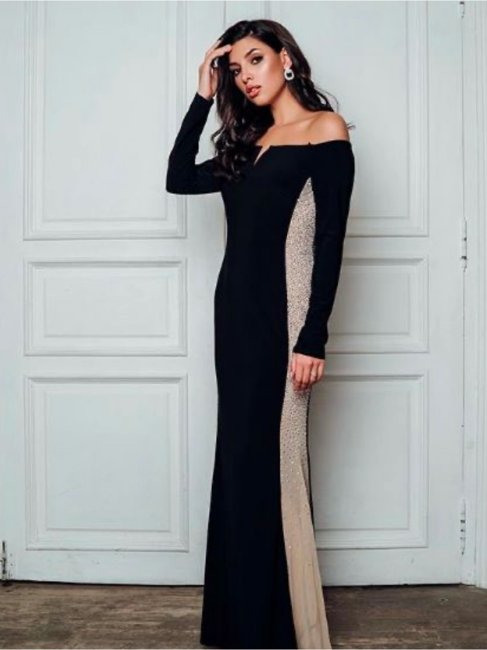Xscape Black Off-Shoulder Long Sleeve Gown Crystal Embellishment Side Panels - Picture 3 of 16